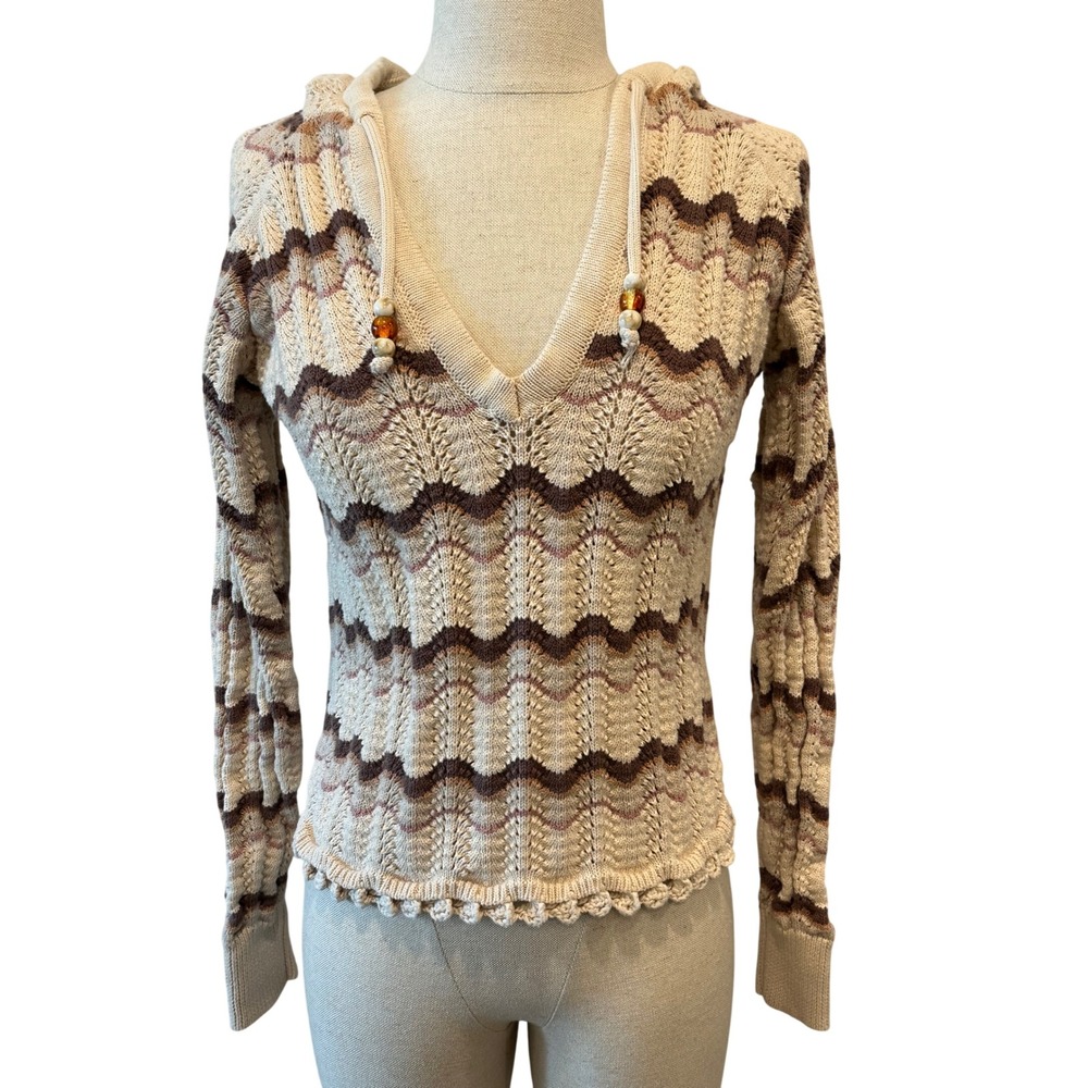 Heartloom Women XS Cream Brown Chevron Pointelle Knit Cotton Hooded Sweater